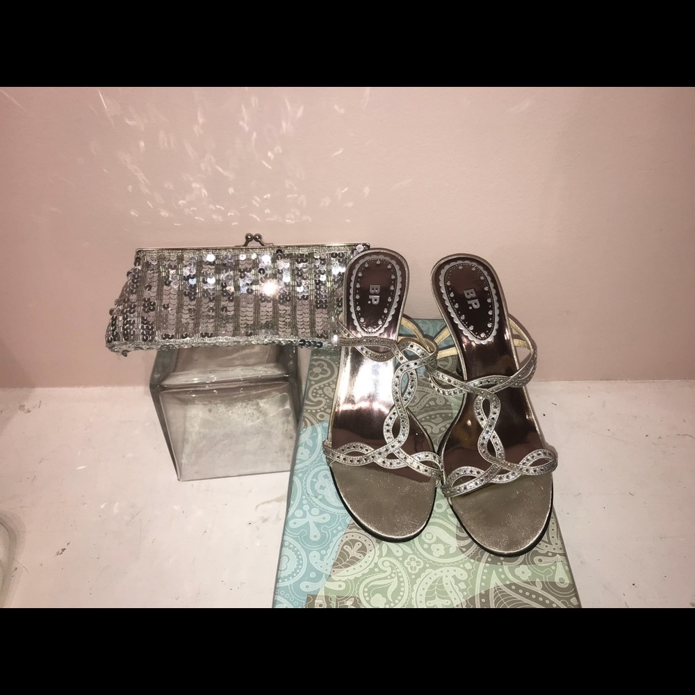 BP silver metallic heel sandals 6.5 matching bag